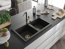 Mexen Hektor chiuvetă granit 2 camere 800 x 480 mm, negru/auriu metalic, sifon auriu - 6521802000-75-G