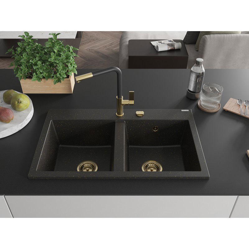 Mexen Hektor chiuvetă granit cu 2 compartimente 800 x 480 mm, negru/auriu metalizat, sifon auriu - 6521802000-75-G