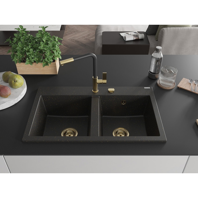 Mexen Hektor kétrészes gránit mosogató 800 x 480 mm, fekete/arany metál, arany szifon - 6521802000-75-G