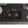 Mexen Hektor kétrészes gránit mosogató 800 x 480 mm, fekete/arany metál, arany szifon - 6521802000-75-G