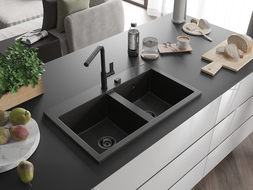 Mexen Hektor chiuvetă de bucătărie granit 2 compartimente 800 x 480 mm, negru/auriu metalic, sifon negru - 6521802000-75-B