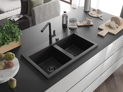 Mexen Hektor gránit mosogató kétkamrás 800 x 480 mm, fekete/arany metál, fekete szifonnal - 6521802000-75-B