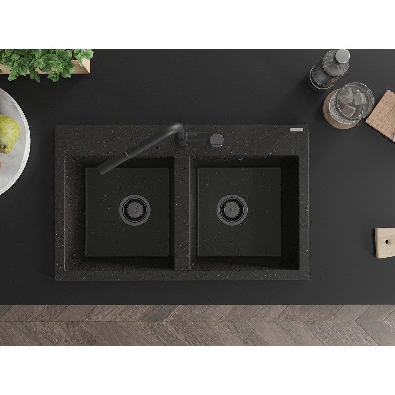 Mexen Hektor chiuvetă de granit cu 2 cuve 800 x 480 mm, negru/auriu metalic, sifon negru - 6521802000-75-B