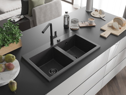 Mexen Hektor chiuvetă din granit cu 2 compartimente 800 x 480 mm, negru pătat, sifon negru - 6521802000-76-B