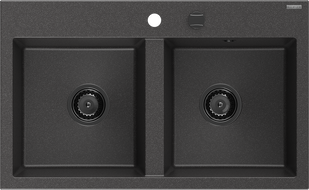 Mexen Hektor 2 rekeszes gránit mosogató 800 x 480 mm, fekete pöttyös, fekete szifonnal - 6521802000-76-B