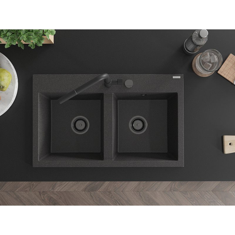 Mexen Hektor chiuvetă din granit cu 2 compartimente 800 x 480 mm, negru pătat, sifon negru - 6521802000-76-B