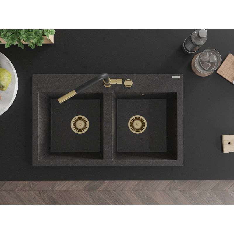 Mexen Hektor chiuvetă din granit cu 2 compartimente 800 x 480 mm, negru pătat, sifon auriu - 6521802000-76-G