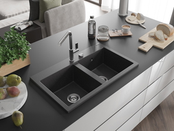 Mexen Hektor chiuvetă granit 2 camere 800 x 480 mm, negru cu pete, sifon crom - 6521802000-76