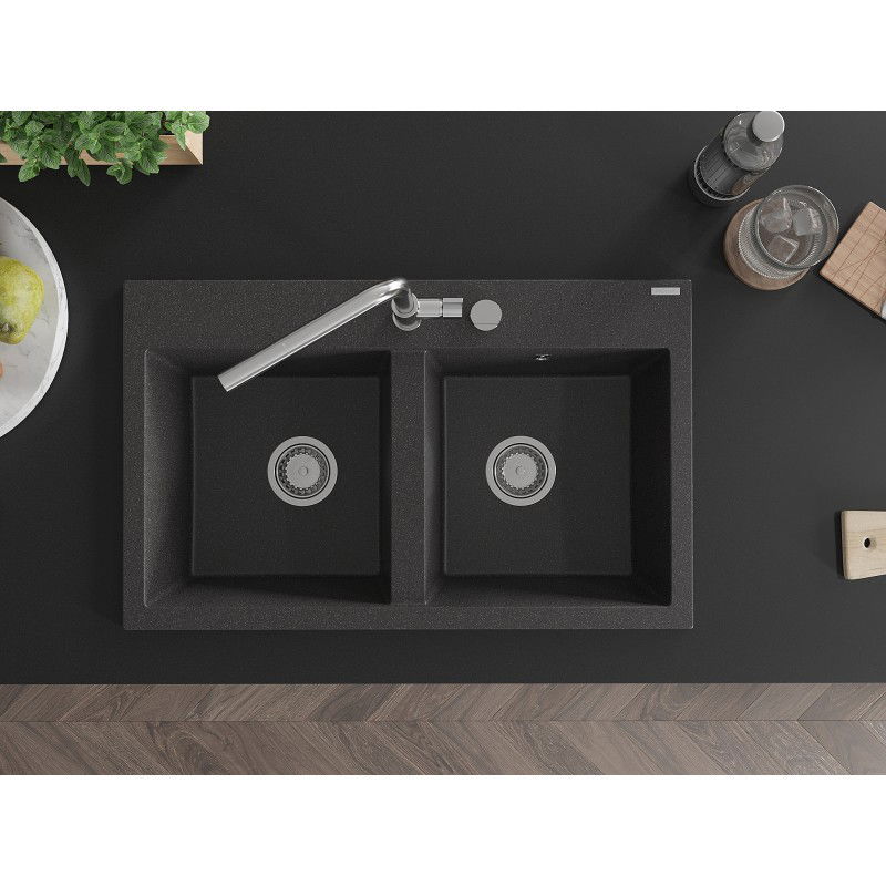 Mexen Hektor 2 rekeszes gránit mosogató 800 x 480 mm, fekete pöttyös, króm szifon - 6521802000-76