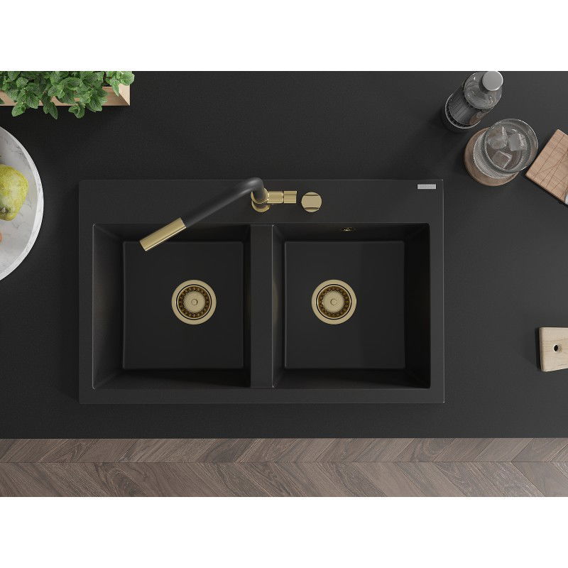Mexen Hektor chiuvetă de bucătărie din granit cu 2 cuve 800 x 480 mm, negru, sifon auriu - 6521802000-77-G