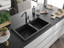 Mexen Hektor chiuvetă de granit cu 2 compartimente 800 x 480 mm, negru, sifon negru - 6521802000-77-B