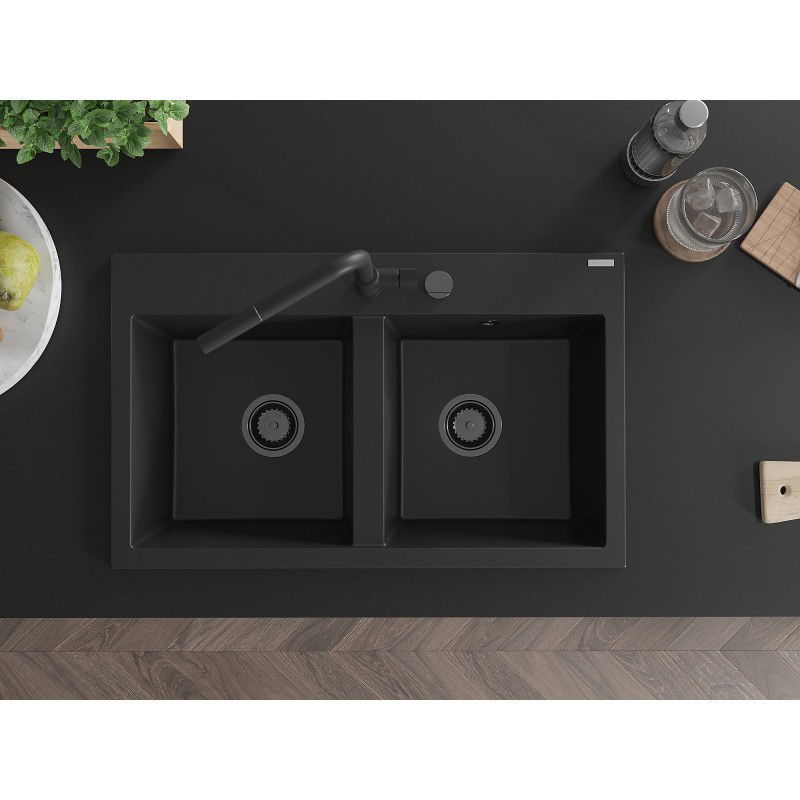 Mexen Hektor chiuvetă de granit 2-camere 800 x 480 mm, negru, sifon negru - 6521802000-77-B
