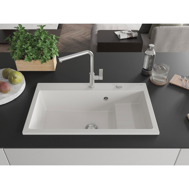 Mexen Omar chiuvetă de bucătărie din granit cu 1 compartiment 800 x 480 mm, alb, sifon crom - 6520801005-20