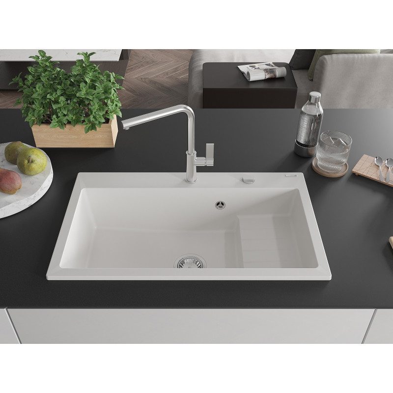 Mexen Omar chiuvetă de bucătărie din granit cu 1 cuvă 800 x 480 mm, alb, sifon cromat - 6520801005-20