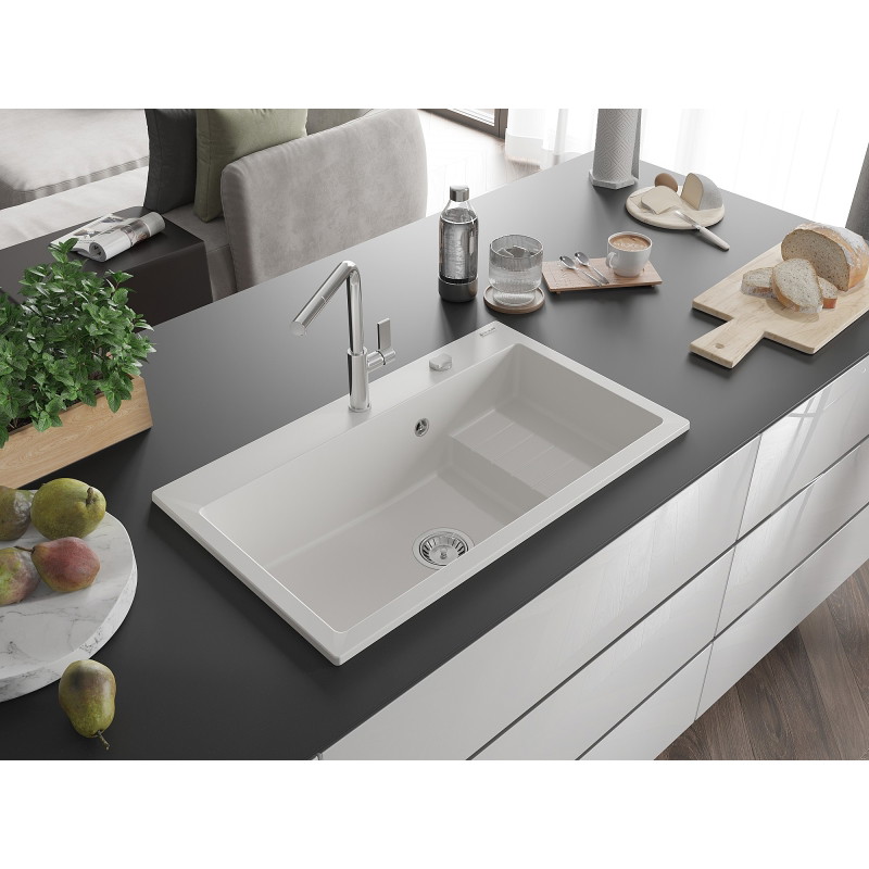 Mexen Omar chiuvetă de bucătărie din granit cu 1 cuvă 800 x 480 mm, alb, sifon cromat - 6520801005-20