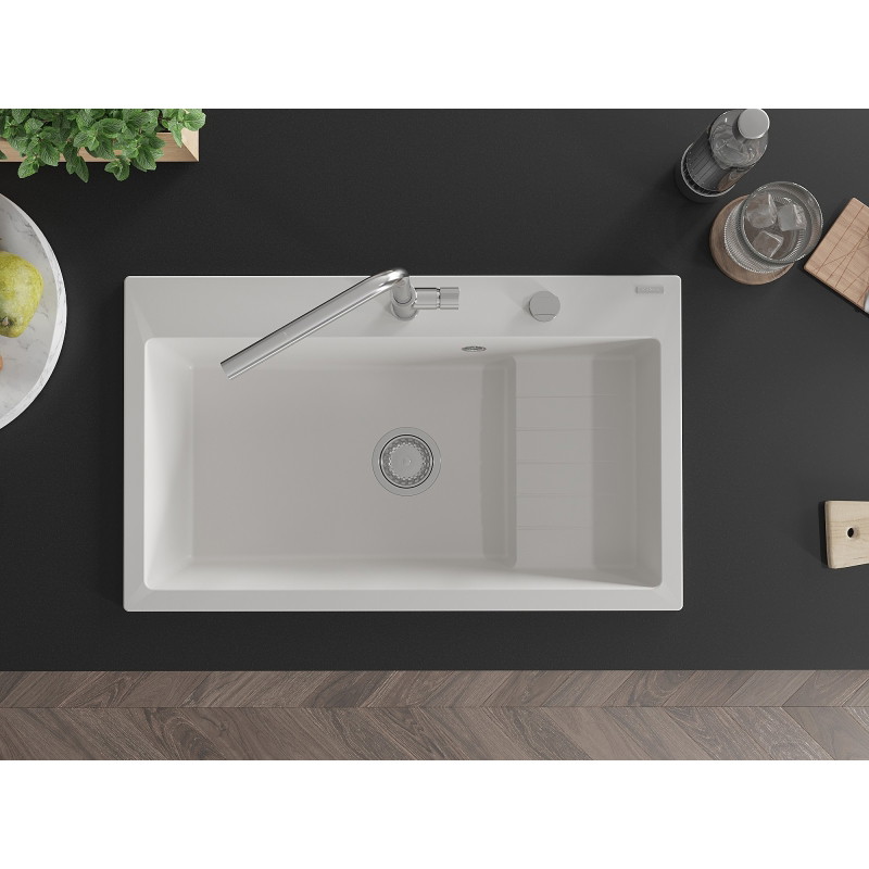 Mexen Omar chiuvetă de bucătărie din granit cu 1 cuvă 800 x 480 mm, alb, sifon cromat - 6520801005-20