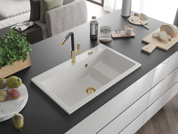 Mexen Omar chiuvetă de granit cu 1 compartiment 800 x 480 mm, alb, sifon auriu - 6520801005-20-G