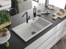 Mexen Omar chiuvetă de bucătărie din granit cu 1 compartiment 800 x 480 mm, alb, sifon negru - 6520801005-20-B