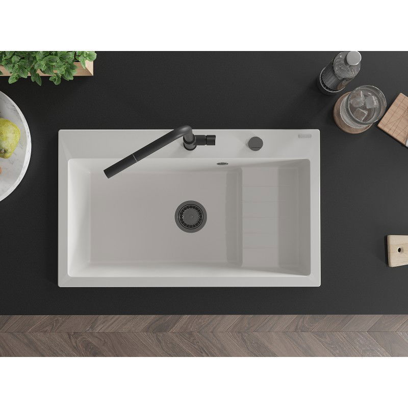 Mexen Omar chiuvetă de bucătărie din granit cu 1 compartiment 800 x 480 mm, alb, sifon negru - 6520801005-20-B