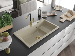 Mexen Omar chiuvetă de bucătărie din granit cu 1 cuvă 800 x 480 mm, bej, sifon auriu - 6520801005-69-G