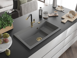 Mexen Omar chiuvetă de bucătărie din granit cu 1 compartiment 800 x 480 mm, gri, sifon auriu - 6520801005-71-G