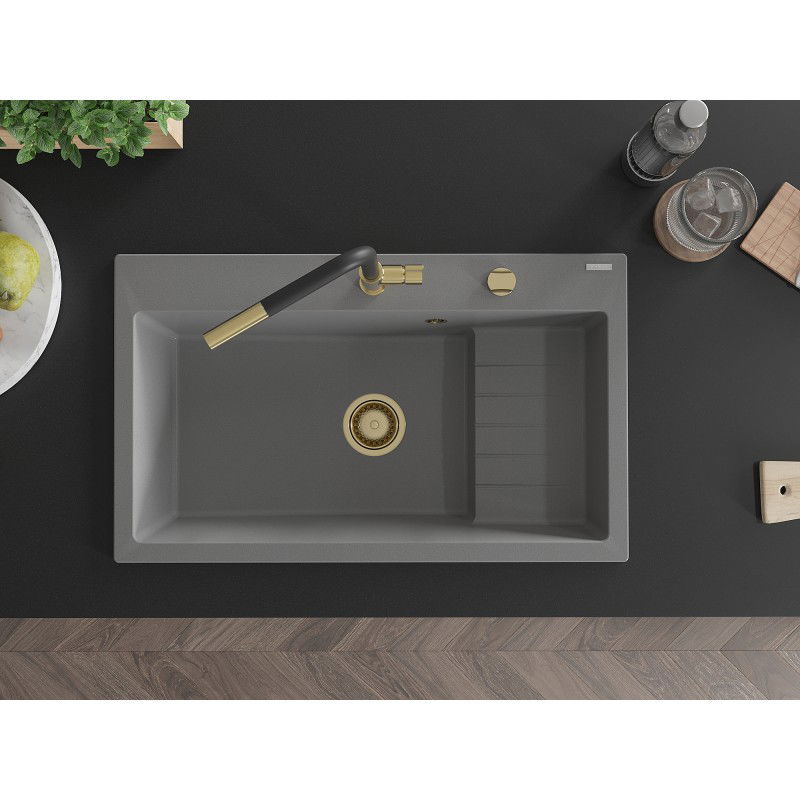 Mexen Omar chiuvetă de bucătărie din granit cu 1 compartiment 800 x 480 mm, gri, sifon auriu - 6520801005-71-G