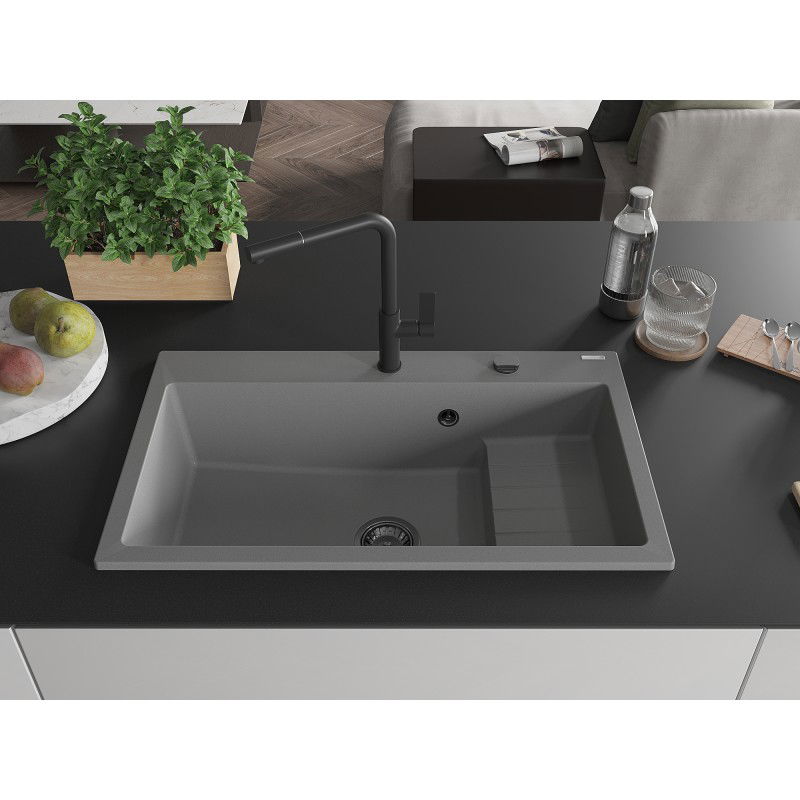 Mexen Omar chiuvetă granit 1 cameră 800 x 480 mm, gri, sifon negru - 6520801005-71-B