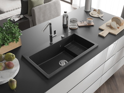 Mexen Omar chiuvetă de granit cu o cuvă 800 x 480 mm, negru/argintiu metalic, sifon crom - 6520801005-73