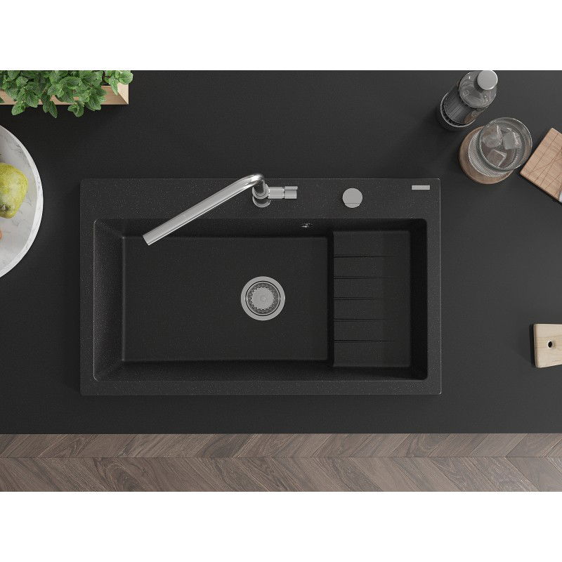 Mexen Omar 1 rekeszes gránit mosogató 800 x 480 mm, fekete/ezüst metál, krómozott szifon - 6520801005-73