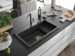 Mexen Omar chiuvetă de granit cu 1 compartiment 800 x 480 mm, negru/argintiu metalic, sifon auriu - 6520801005-73-G