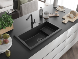 Mexen Omar chiuvetă din granit cu 1 compartiment 800 x 480 mm, negru/argintiu metalizat, sifon negru - 6520801005-73-B