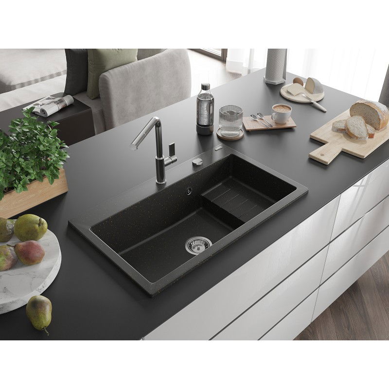 Mexen Omar chiuvetă de bucătărie din granit cu 1 cameră 800 x 480 mm, negru/auriu metalic, sifon crom - 6520801005-75