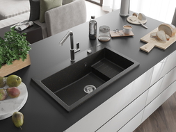 Mexen Omar chiuvetă de bucătărie din granit cu 1 cameră 800 x 480 mm, negru/auriu metalic, sifon crom - 6520801005-75