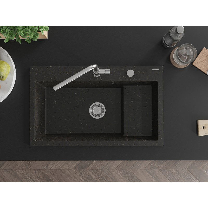 Mexen Omar chiuvetă de bucătărie din granit cu 1 cameră 800 x 480 mm, negru/auriu metalic, sifon crom - 6520801005-75