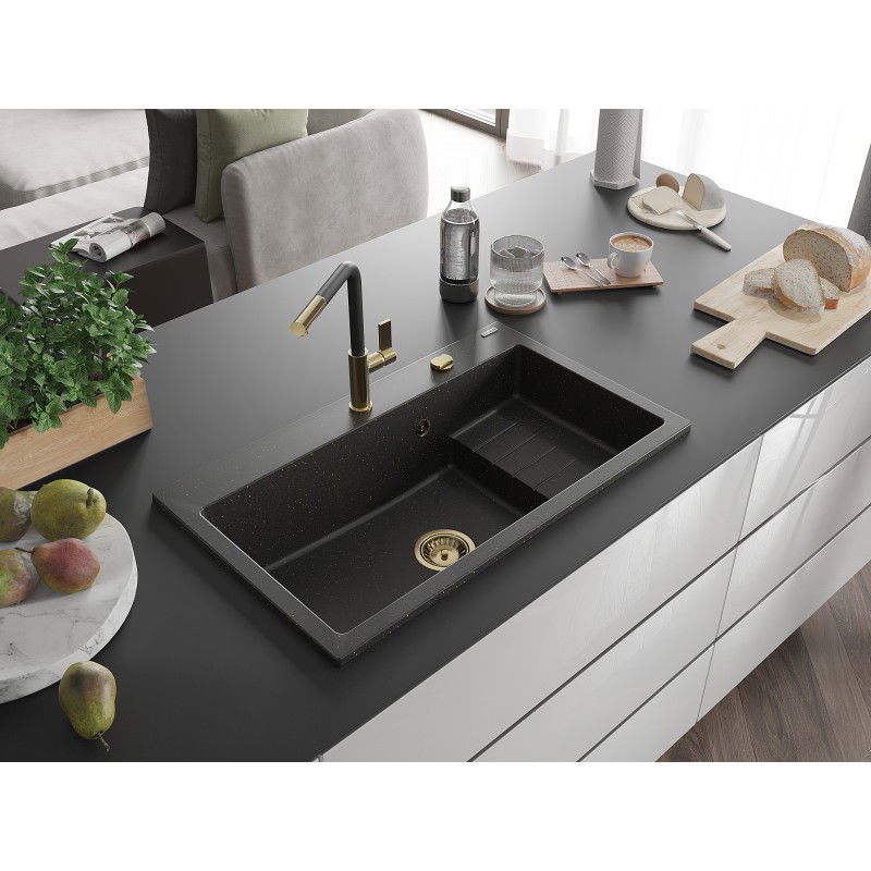 Mexen Omar 1 rekeszes gránit mosogató 800 x 480 mm, fekete/arany metál, arany szifonnal - 6520801005-75-G