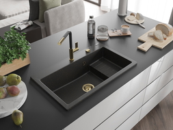 Mexen Omar chiuvetă de bucătărie din granit 1-cuvelă 800 x 480 mm, negru/auriu metalic, sifon auriu - 6520801005-75-G