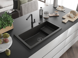 Mexen Omar chiuvetă din granit, 1 compartiment 800 x 480 mm, negru/auriu metalizat, sifon negru - 6520801005-75-B