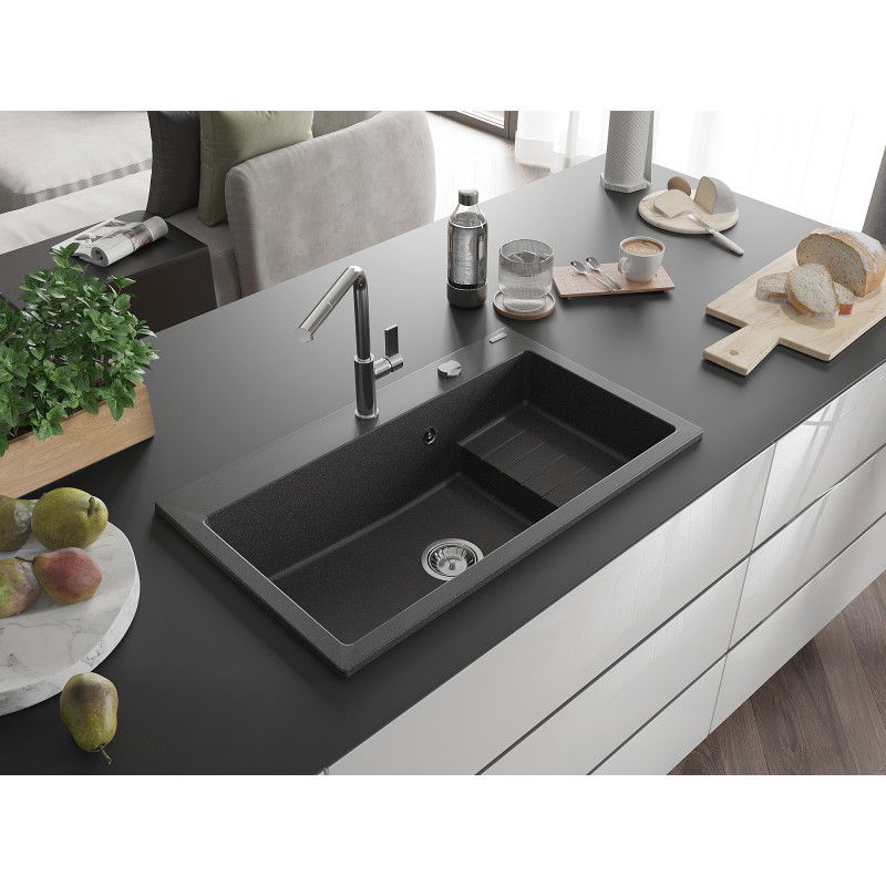 Mexen Omar chiuvetă de granit cu 1 compartiment 800 x 480 mm, neagră cu pete, sifon cromat - 6520801005-76