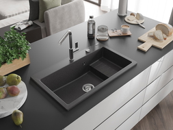 Mexen Omar chiuvetă de granit cu 1 compartiment 800 x 480 mm, neagră cu pete, sifon cromat - 6520801005-76