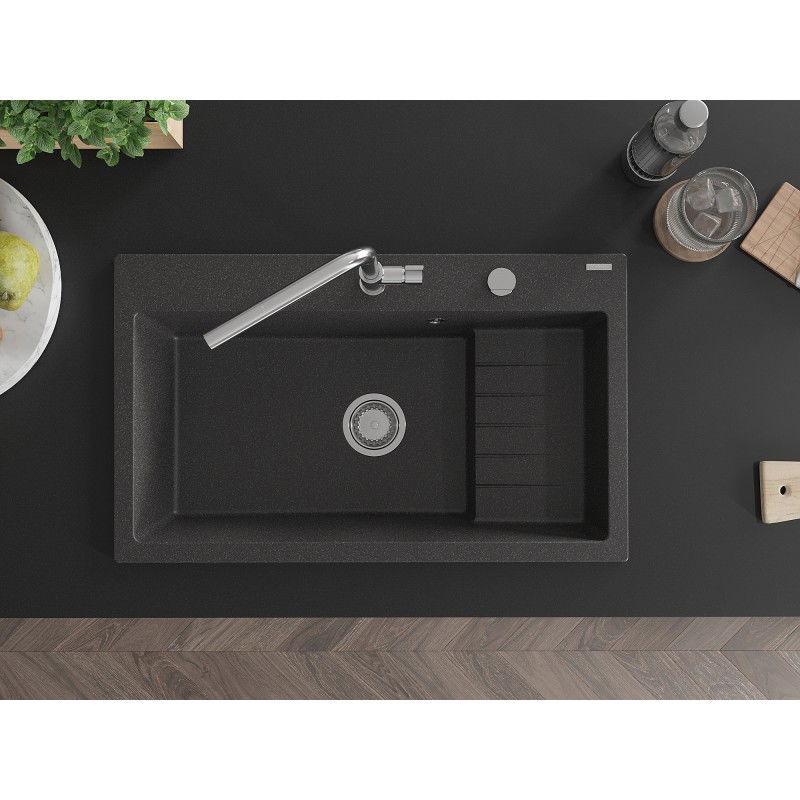 Mexen Omar chiuvetă de granit cu 1 compartiment 800 x 480 mm, neagră cu pete, sifon cromat - 6520801005-76