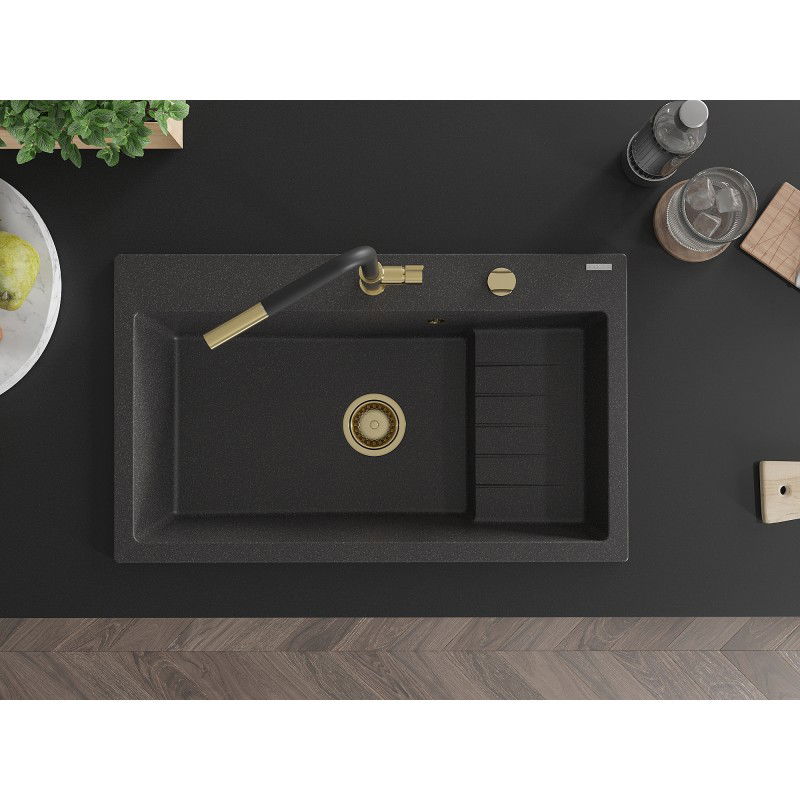 Mexen Omar chiuvetă de bucătărie din granit, cu o singură cuvă, 800 x 480 mm, negru pătat, sifon auriu - 6520801005-76-G