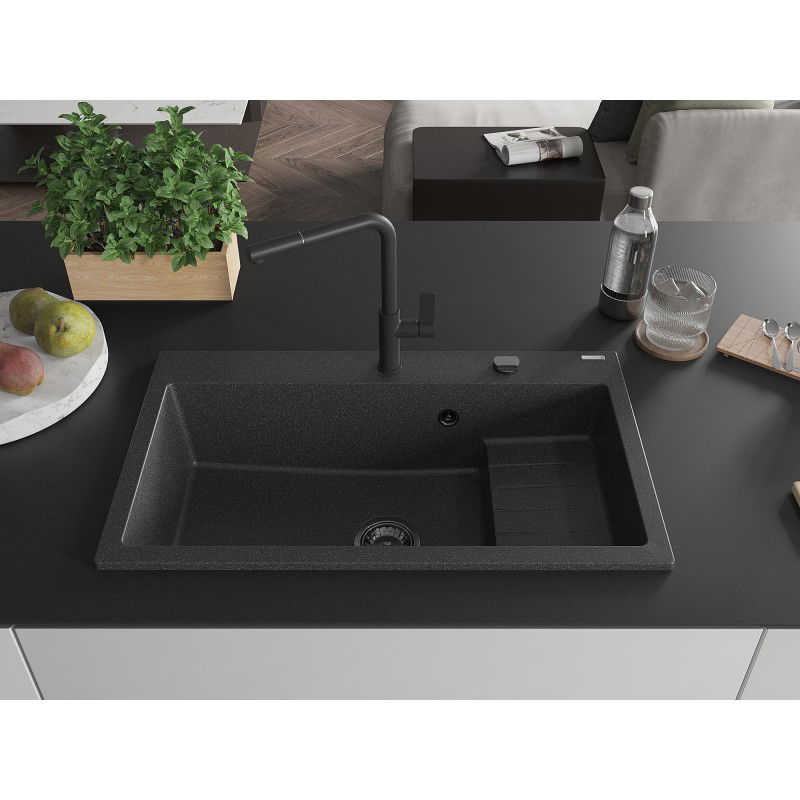 Mexen Omar chiuvetă de granit cu 1 compartiment 800 x 480 mm, negru cu pete, sifon negru - 6520801005-76-B