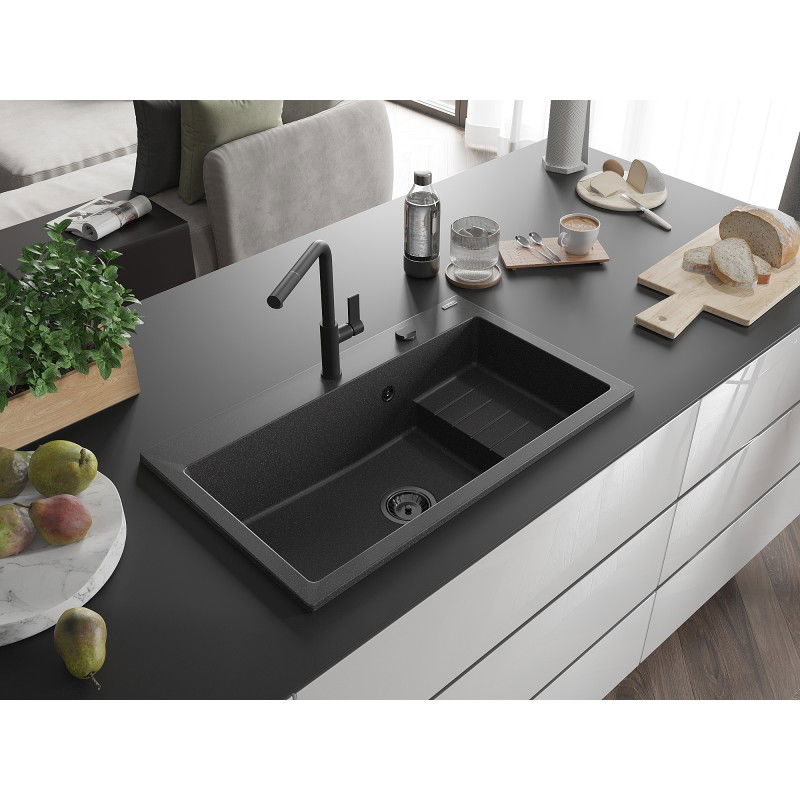 Mexen Omar chiuvetă de granit cu 1 compartiment 800 x 480 mm, negru cu pete, sifon negru - 6520801005-76-B