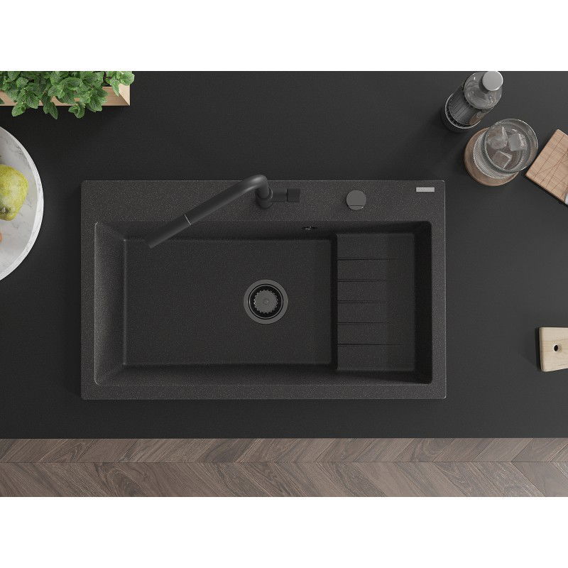 Mexen Omar chiuvetă de granit cu 1 compartiment 800 x 480 mm, negru cu pete, sifon negru - 6520801005-76-B