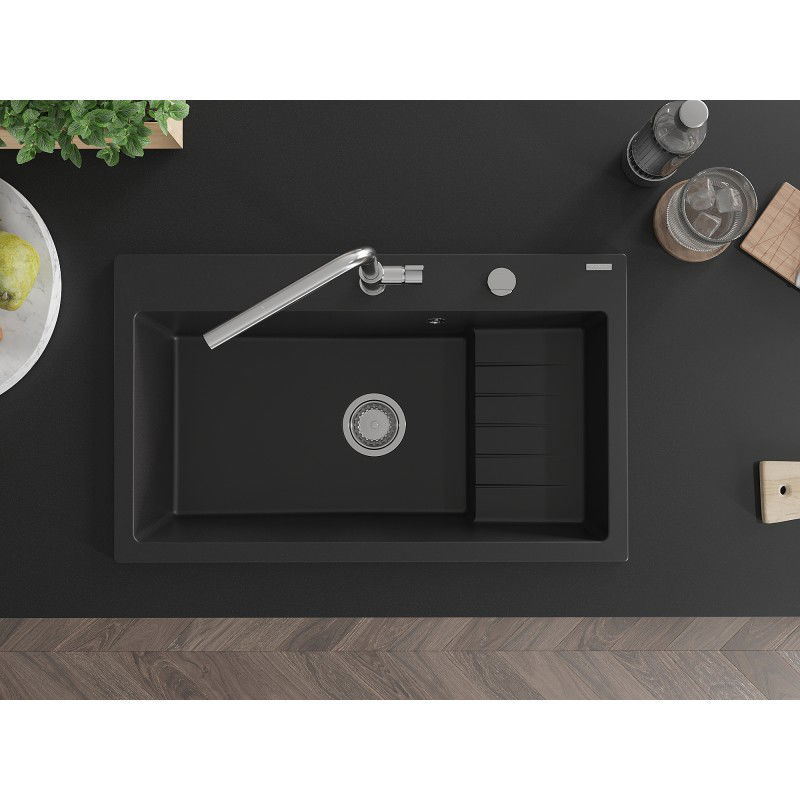 Mexen Omar 1-medencés, gránit mosogató 800 x 480 mm, fekete, króm szifon - 6520801005-77