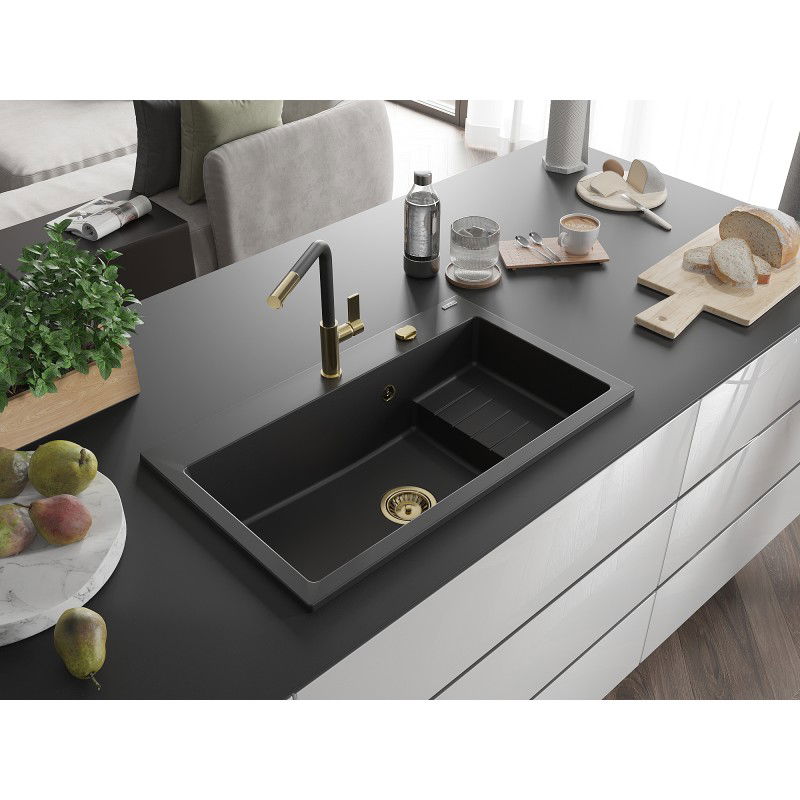 Mexen Omar chiuvetă de granit cu 1 compartiment 800 x 480 mm, negru, sifon auriu - 6520801005-77-G