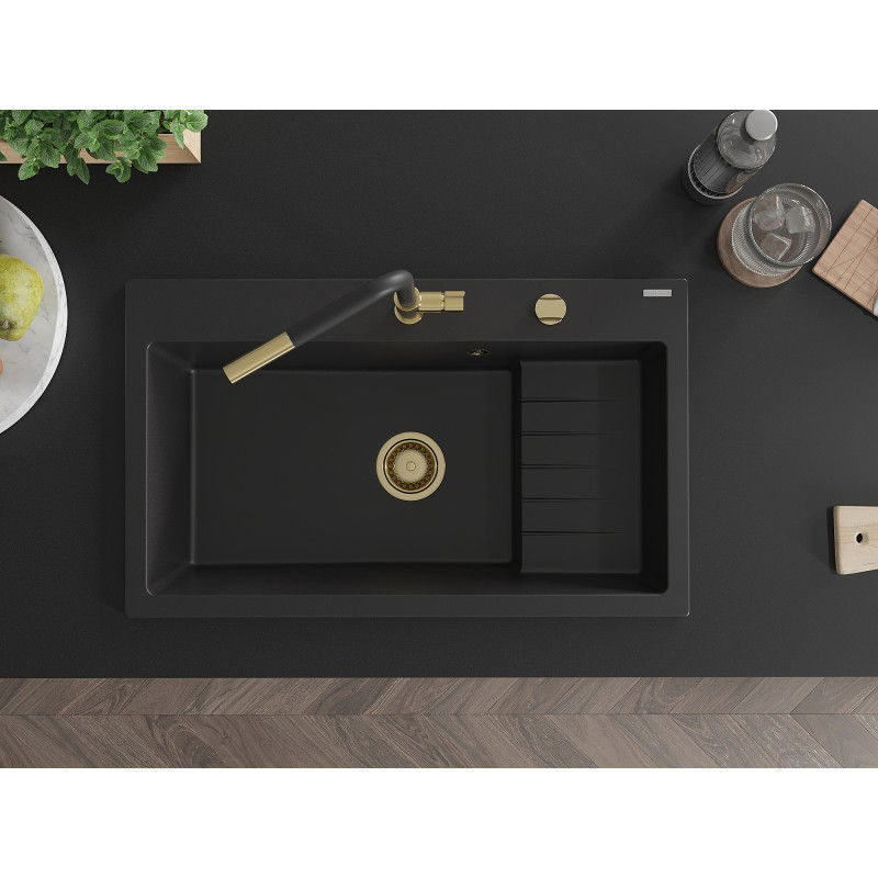 Mexen Omar chiuvetă de granit cu 1 compartiment 800 x 480 mm, negru, sifon auriu - 6520801005-77-G