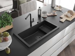 Mexen Omar chiuvetă din granit cu 1 compartiment 800 x 480 mm, negru, sifon negru - 6520801005-77-B