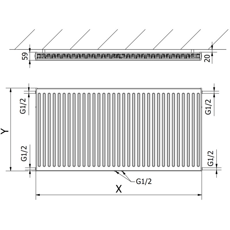 Mexen CC11 lapos radiátor 400 x 2200 mm, alsó középső csatlakozás, 1426 W, antracit - W6C11-040-220-66