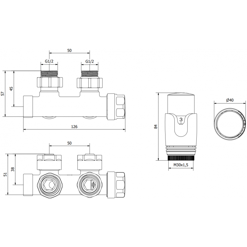 Mexen G00 termosztatikus szögletes készlet, Duplex, DN50, antracit - W907-900-66